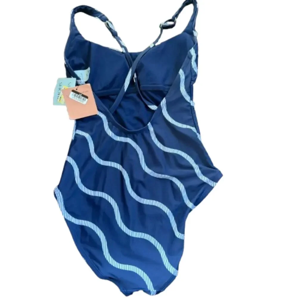 Shade & Shore NWT Navy Blue Striped Full Coverage One Piece Swimsuit Size L